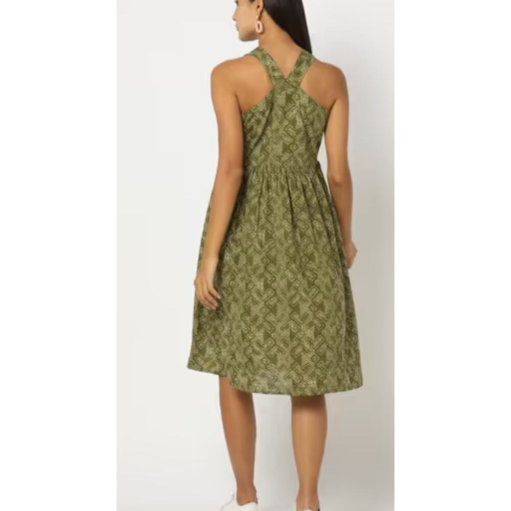 Svrnaa Anthropologie Printed Fit & Flare Dress Olive Green Size S - Picture 3 of 13